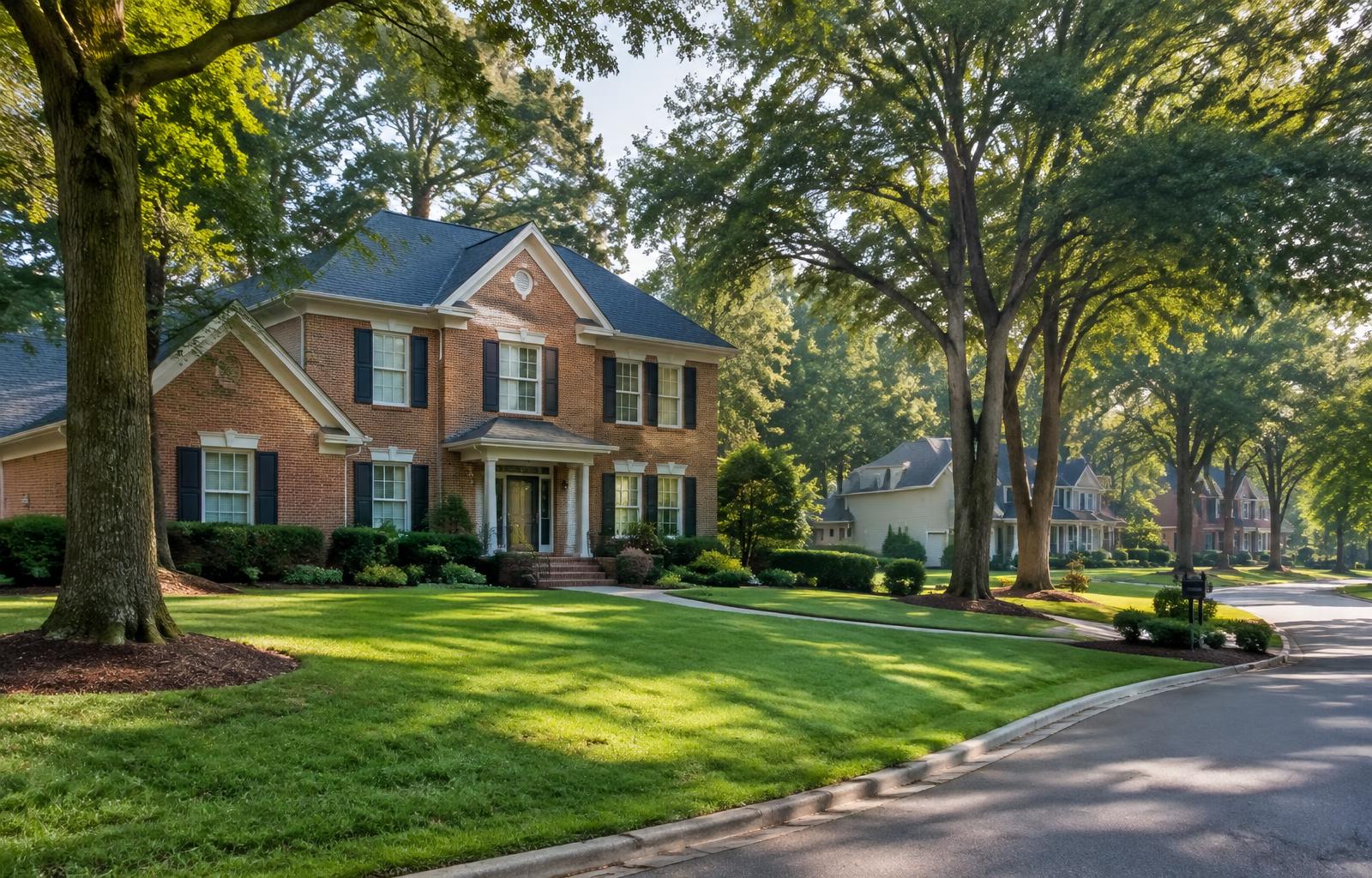 Representative photograph of a brick-front traditional two-story home on a tree-lined suburban street