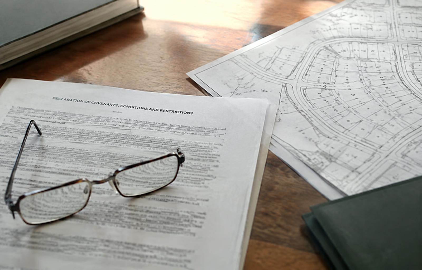 Representative photograph of covenant documents and a plat map on a desk