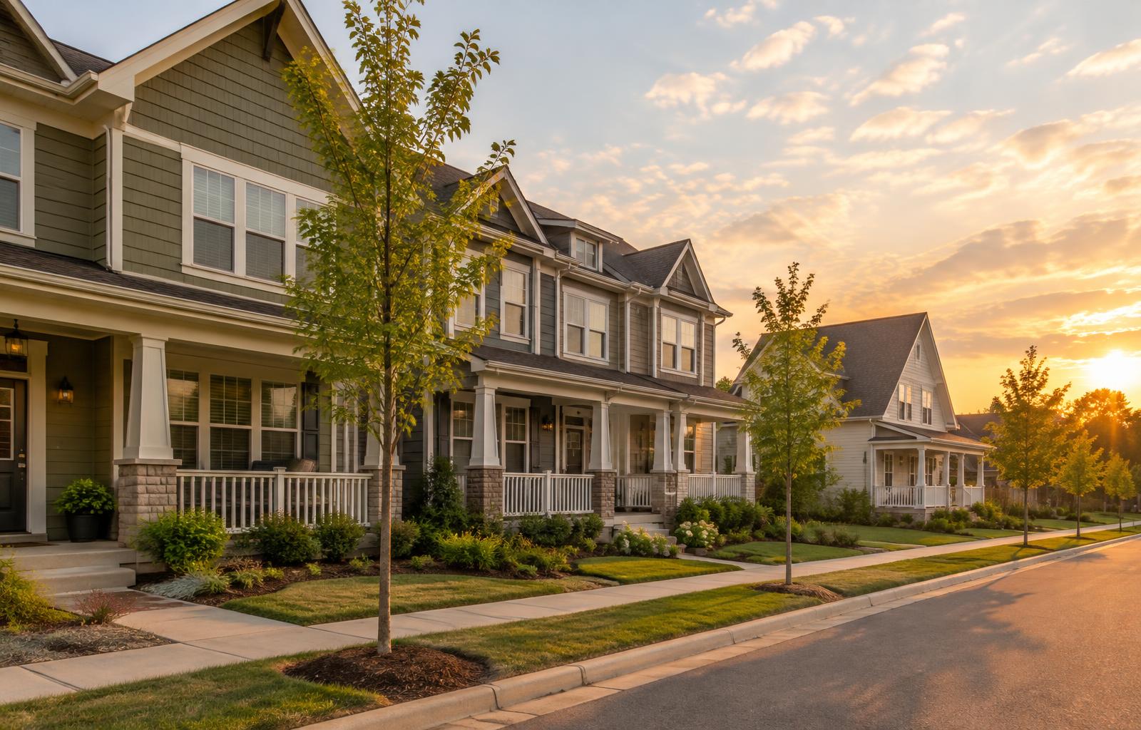 Representative photograph of porch-front townhomes and a detached home along a sidewalk street