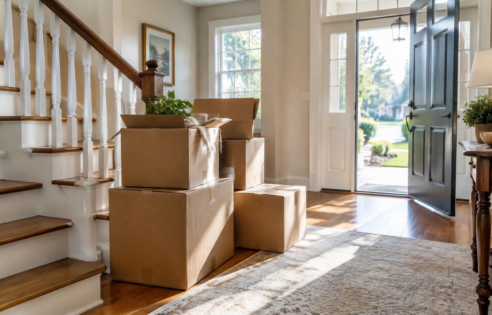 Representative photograph of moving boxes in a sunny home foyer