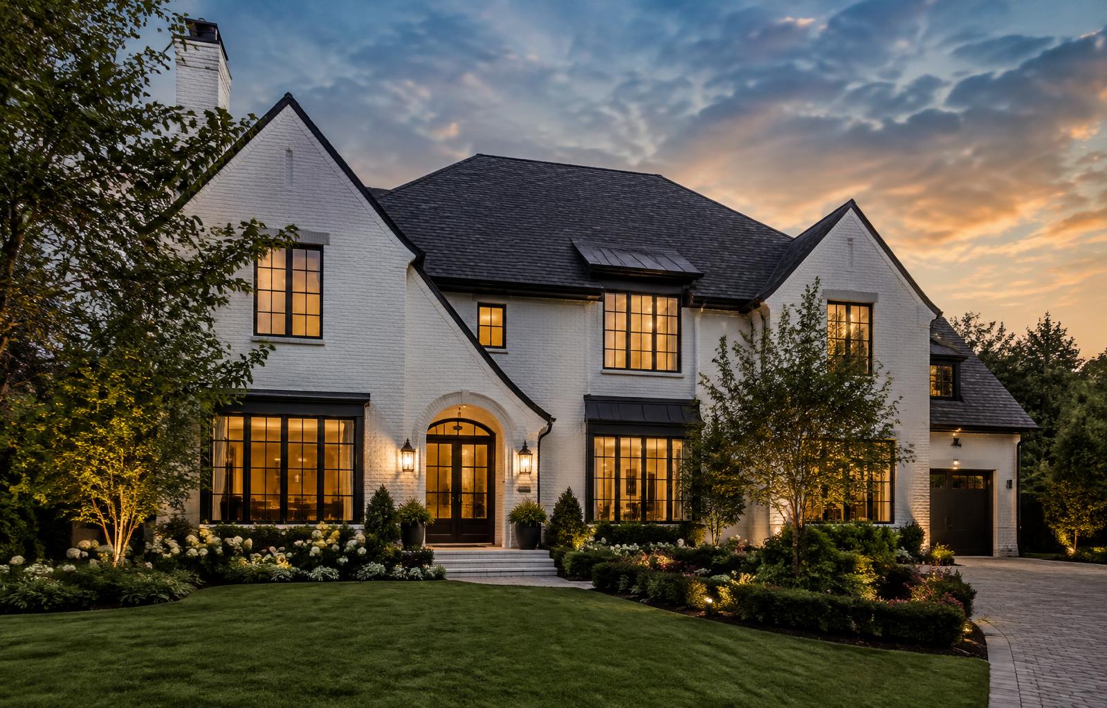 Representative photograph of a newly completed white-brick luxury home at dusk