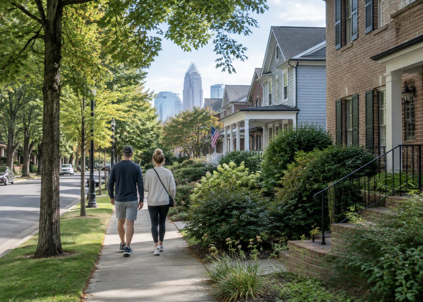 Representative photograph of a couple walking in a Charlotte-area neighborhood